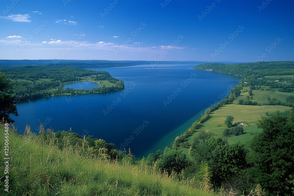 Hilltop view serene lake, farmland, summer sky, tourism brochure Hilltop view serene lake, farmland, summer sky, tourism brochure