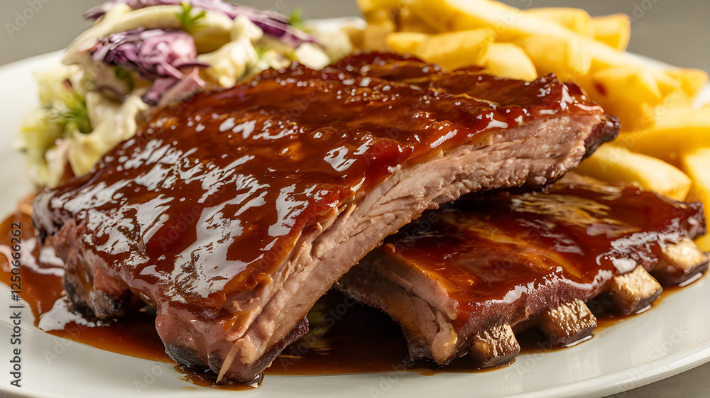 A Close-Up Shot of Tender BBQ Ribs on a Plate, Beautifully Glazed with a Rich, Smoky Barbecue Sauce, Perfectly Caramelized and Served with a Side of Crispy Fries and Fresh, Tangy Coleslaw, All Present A Close-Up Shot of Tender BBQ Ribs on a Plate, Beautifully Glazed with a Rich, Smoky Barbecue Sauce, Perfectly Caramelized and Served with a Side of Crispy Fries and Fresh, Tangy Coleslaw, All Present