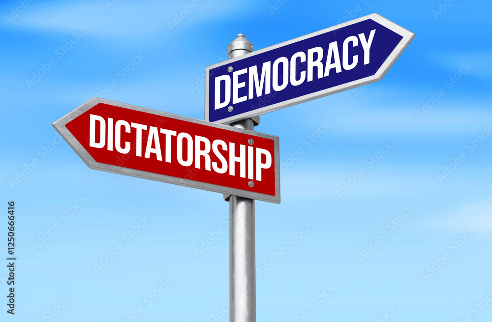 Democracy vs Dictatorship written on the signboard in blue and red color, opposite direction. Politics, government, rule Democracy vs Dictatorship written on the signboard in blue and red color, opposite direction. Politics, government, rule