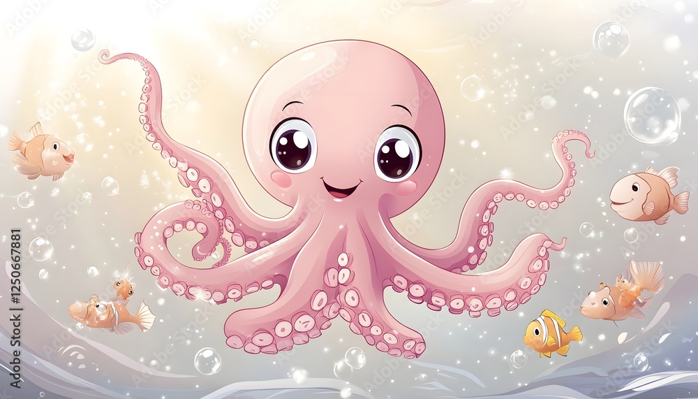 An Adorable Pink Octopus Playing with Fish in the Ocean An Adorable Pink Octopus Playing with Fish in the Ocean