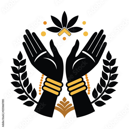
A symmetrical emblem featuring a pair of hands raised in prayer, encircled by a laurel wreath adorned with leaves and decorative elements