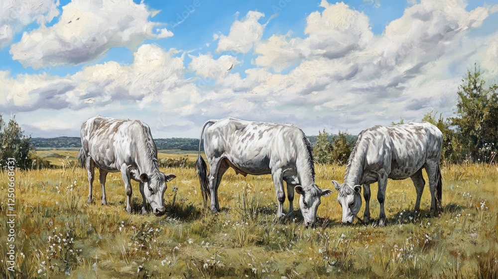 Hungarian Grey Thoroughbred Cattle Grazing on Lush Summer Pasture Under a Bright Blue Sky with Whimsical Clouds Hungarian Grey Thoroughbred Cattle Grazing on Lush Summer Pasture Under a Bright Blue Sky with Whimsical Clouds