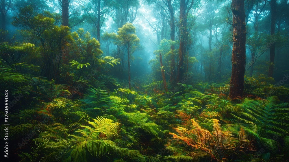Fototapeta premium Enchanted Forest: A Mystical Realm of Ferns and Fog