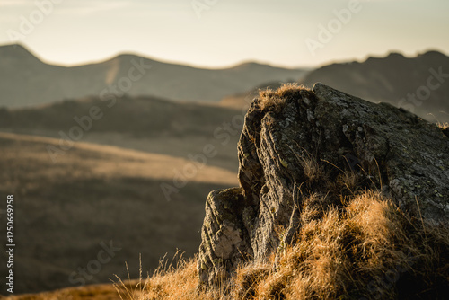 Scenic autumn landscapes from a trekking loop in Bieszczady, featuring views from Tarnica, Halicz, Rozsypaniec, Bukowe Berdo, Połonina Wetlińska, and the Ukrainian Bieszczady under a clear blue sky photo