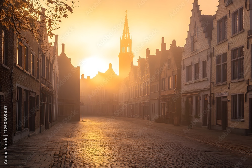 Naklejka premium Sunrise mists over cobblestone street, historic buildings, church spire