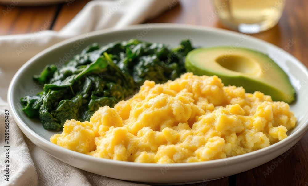 Delicious plate of scrambled eggs and spinach Delicious plate of scrambled eggs and spinach
