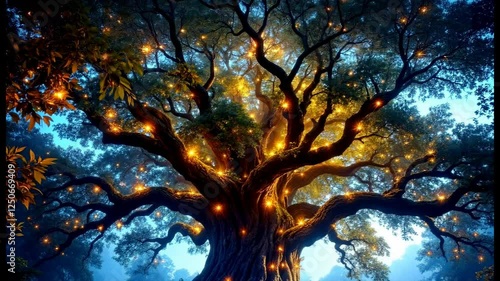 Illuminated Tree At Night Landscape Scene Forest Magical Lights Branches Leaves Oak Tree Nature