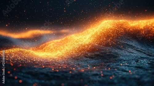 Glowing particle waves flow over dark landscape with sparks