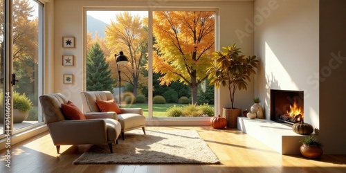 Relaxing autumn ambiance in a sunlit living room with fireplace and fall foliage view