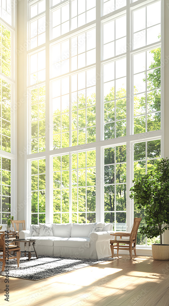 Fototapeta premium A spacious living room with large windows, wooden furniture, and a soft white linen sofa. The sunlight shines through the window onto the floor in front of it, creating an atmosphere full of 
