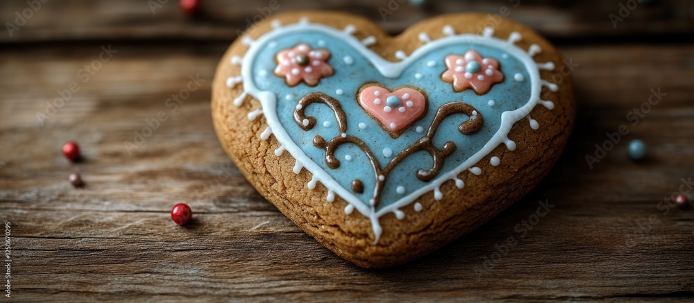 Decorative heart-shaped gingerbread cookie adorned with royal icing on rustic wooden background. Perfect for holiday-themed projects. Decorative heart-shaped gingerbread cookie adorned with royal icing on rustic wooden background. Perfect for holiday-themed projects.