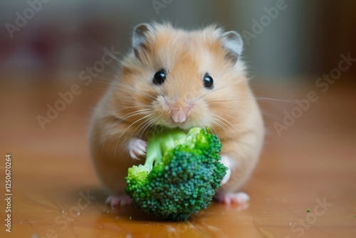 Roborovski dwarf hamster eating broccoli