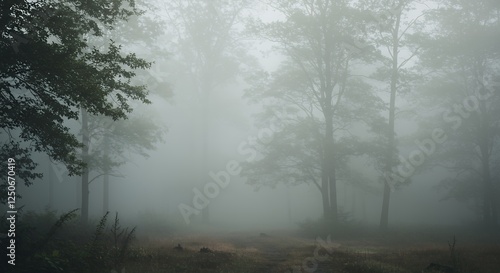 A calming forest landscape covered in soft mist, with a dreamy and ethereal atmosphere, ideal for relaxation, meditation, and wellness themes.