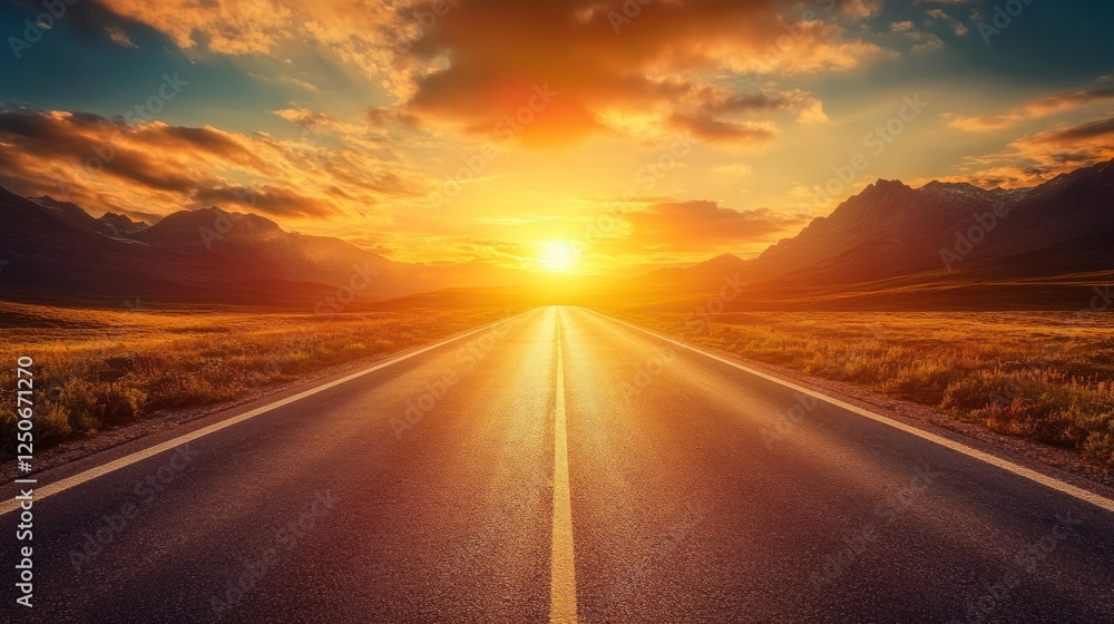 Sunset road trip, mountain landscape, journey, adventure, travel Sunset road trip, mountain landscape, journey, adventure, travel