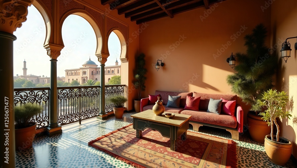Fototapeta premium Moroccan design of Balcony, cinematic photography on sunny day