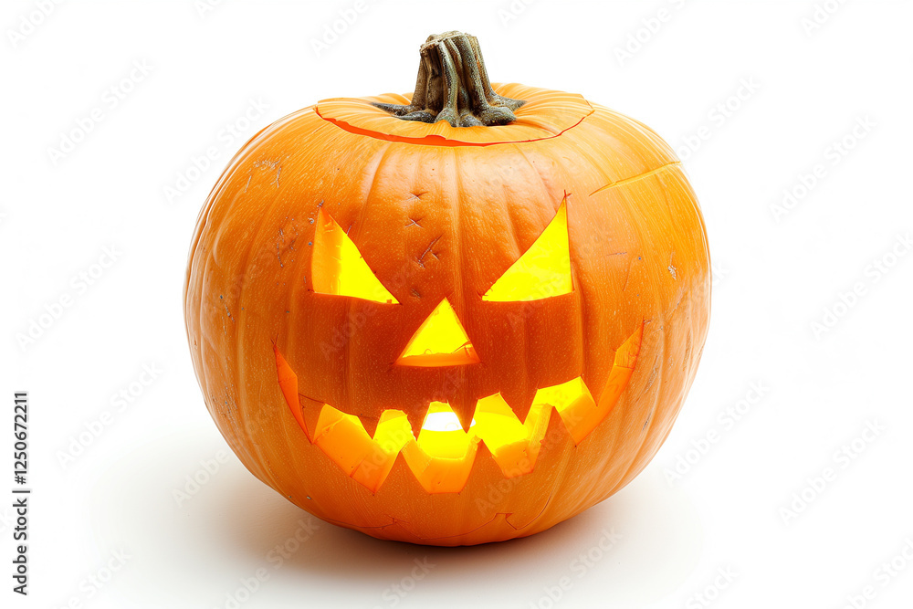 A perfectly round jack-o-lantern featuring a spooky face, illuminated from within, against a pure white backdrop. A perfectly round jack-o-lantern featuring a spooky face, illuminated from within, against a pure white backdrop.