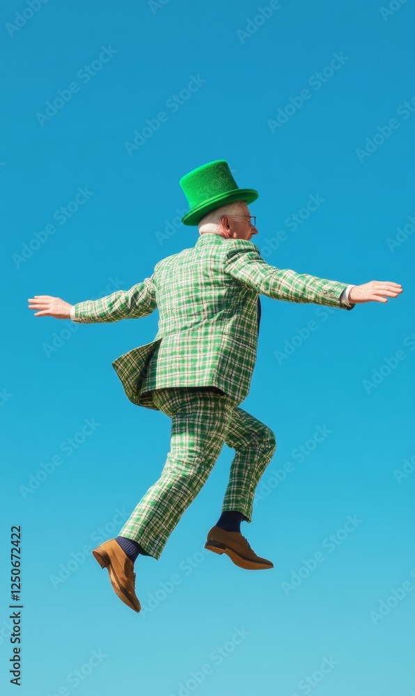 Vibrant St. Patricks Day Style Dynamic Irish Step Dance with Plaid Suit and Green Top Hat - Celebratory and Festive Fashion for Cultural Events and Retail Promotions Vibrant St. Patricks Day Style Dynamic Irish Step Dance with Plaid Suit and Green Top Hat - Celebratory and Festive Fashion for Cultural Events and Retail Promotions