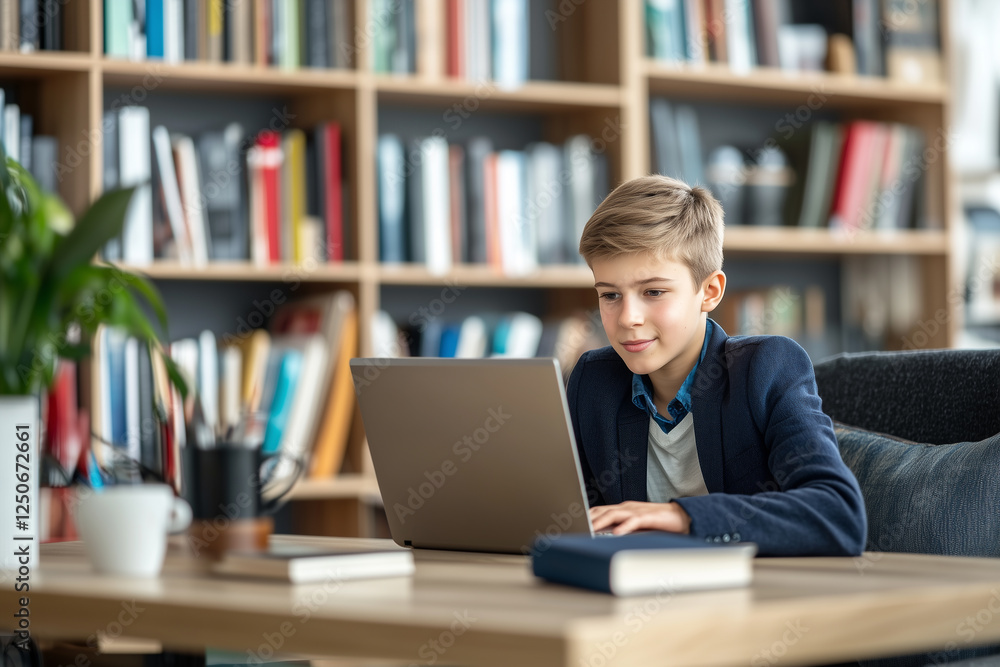 young boy focused on laptop in library setting young boy focused on laptop in library setting