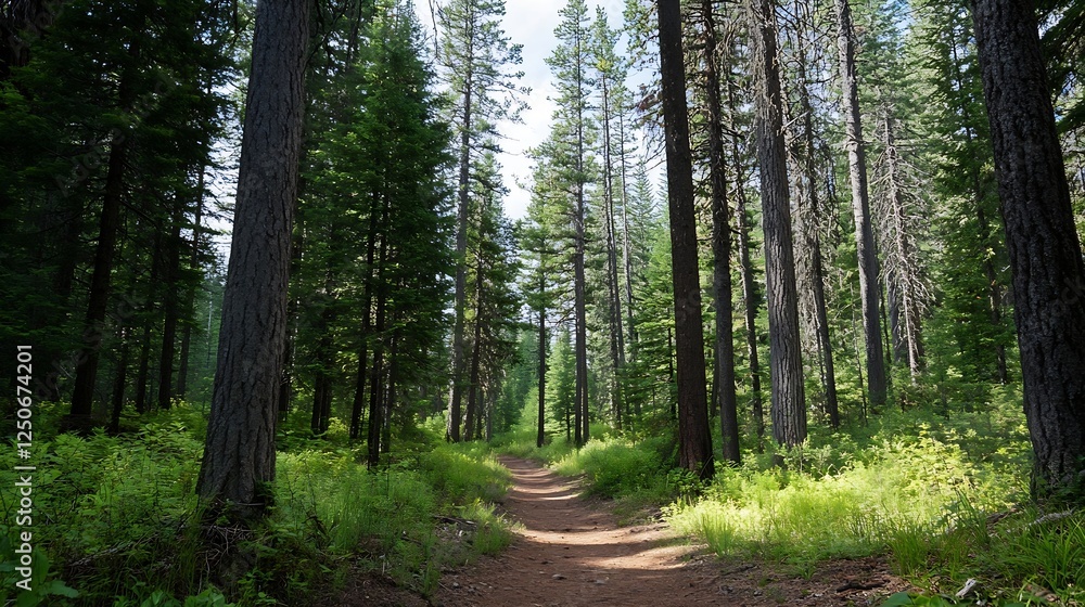 Peaceful hiking trail surrounded by tall trees and lush greenery in a beautiful forest : Generative AI Peaceful hiking trail surrounded by tall trees and lush greenery in a beautiful forest : Generative AI