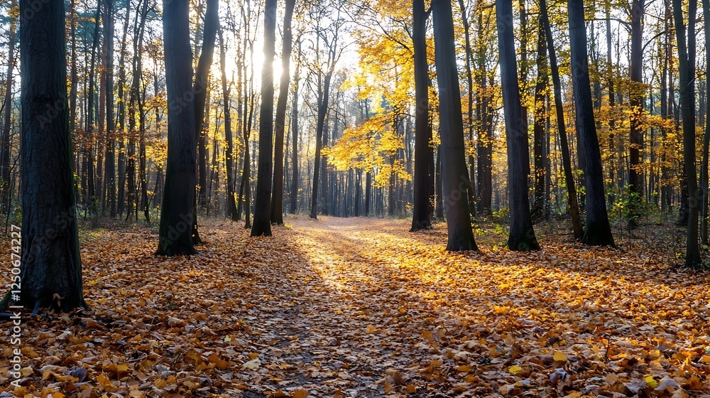 Fototapeta premium Golden autumn leaves blanketing a sunlit forest path inviting exploration and discovery : Generative AI