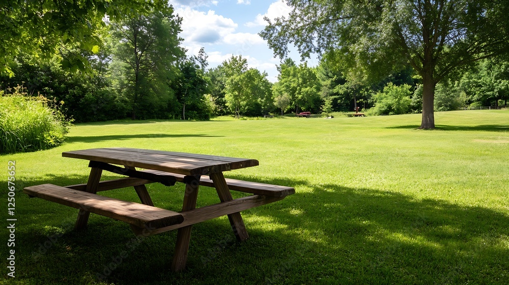 Serene picnic spot with wooden table in a lush green park filled with trees and sunlight : Generative AI Serene picnic spot with wooden table in a lush green park filled with trees and sunlight : Generative AI