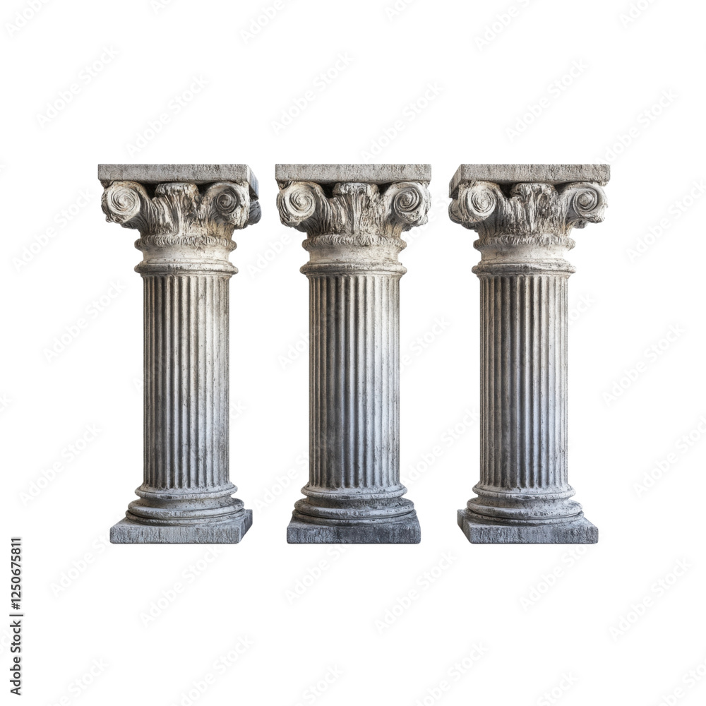 Three classical columns with intricate capitals and fluted shafts, showcasing ancient architectural design and craftsmanship. Three classical columns with intricate capitals and fluted shafts, showcasing ancient architectural design and craftsmanship.