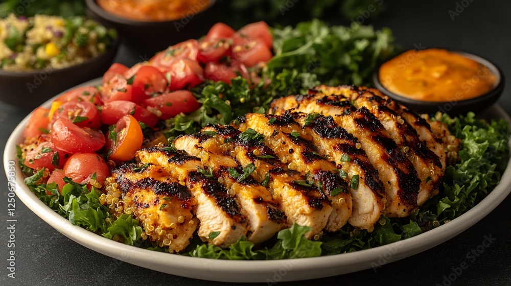 Grilled chicken breast sliced on a bed of quinoa, kale, and cherry tomatoes with a side of sauce. Grilled chicken breast sliced on a bed of quinoa, kale, and cherry tomatoes with a side of sauce.