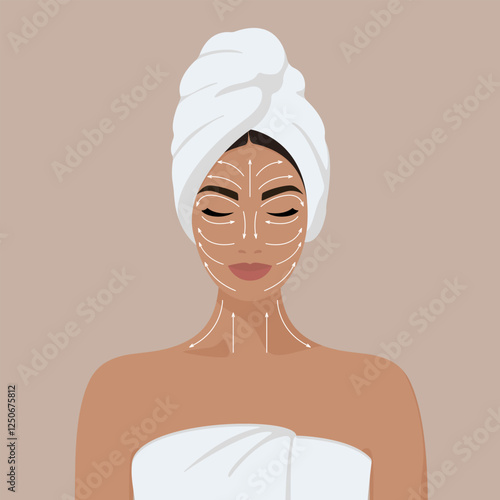 Beautiful young girl with white towel on her head taking care of her facial skin. Woman's face with eyes closed with massage lines indicated by arrows, gua sha. Vector flat illustration EPS10