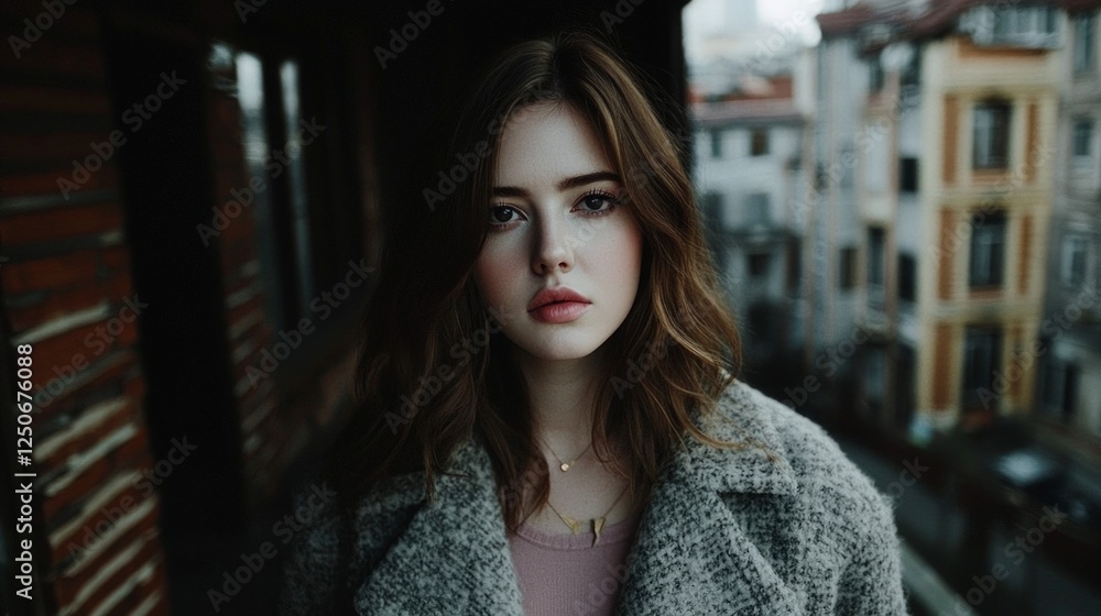 Portrait of a Young Woman with Brown Hair Wearing a Grey Coat on a City Balcony Portrait of a Young Woman with Brown Hair Wearing a Grey Coat on a City Balcony