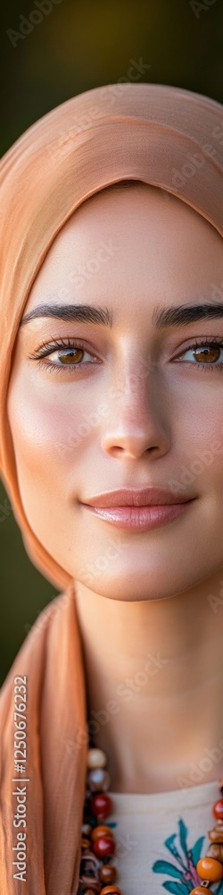 Fototapeta premium Contemporary Ramadan Elegance Radiant Woman in Hijab with Prayer Beads in Golden Light - Ethereal Portraits for Cultural Publications and Lifestyle Branding