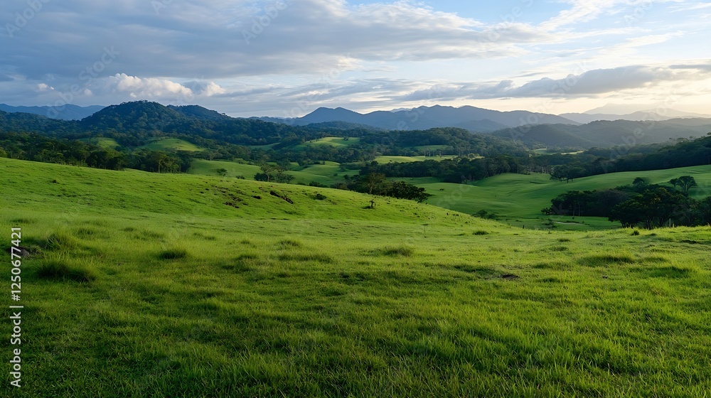 Vibrant Green Rolling Hills Under a Beautiful Sky at Evening Light : Generative AI Vibrant Green Rolling Hills Under a Beautiful Sky at Evening Light : Generative AI