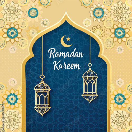Ramadan Kareem Blue Golden Background Islamic