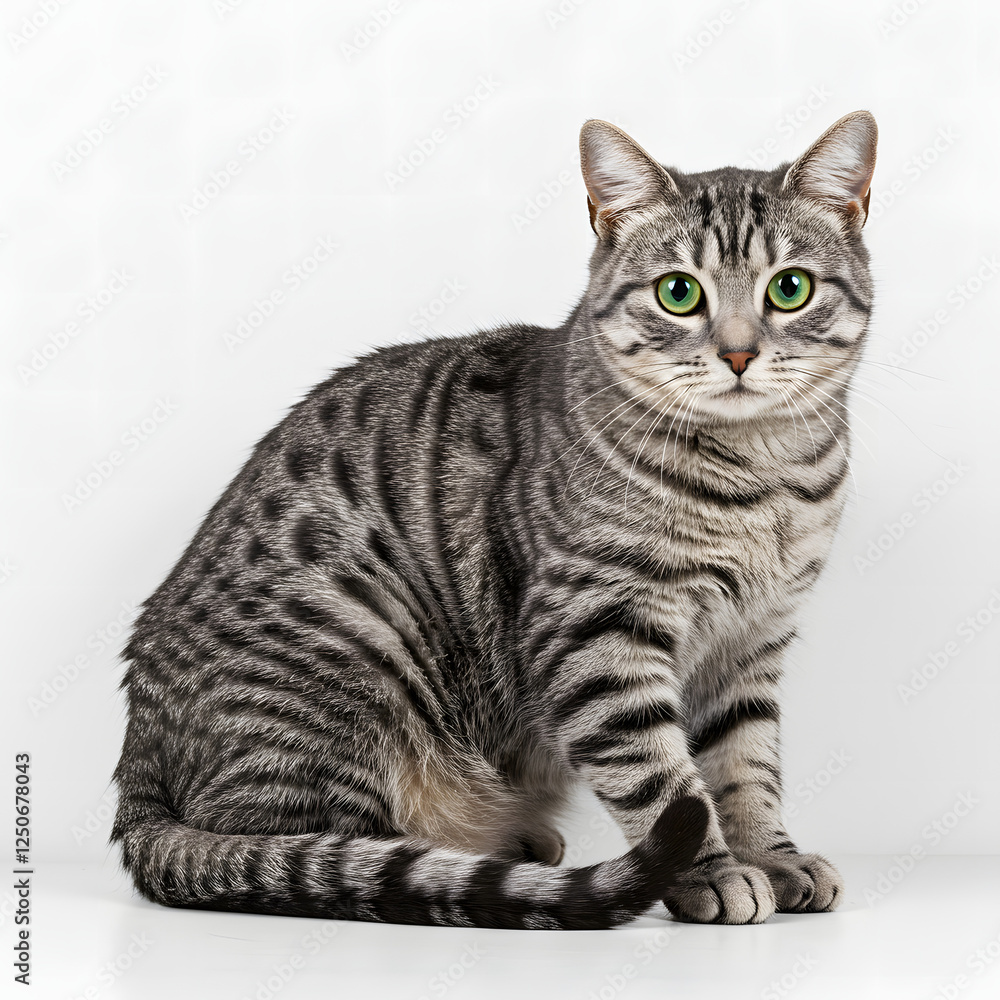 Fototapeta premium Gray Tabby Cat with Green Eyes Sitting on White Background
