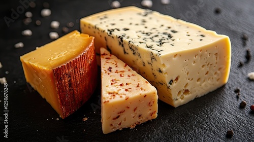Three types of cheese on a black background: on the left, a cluster of small,