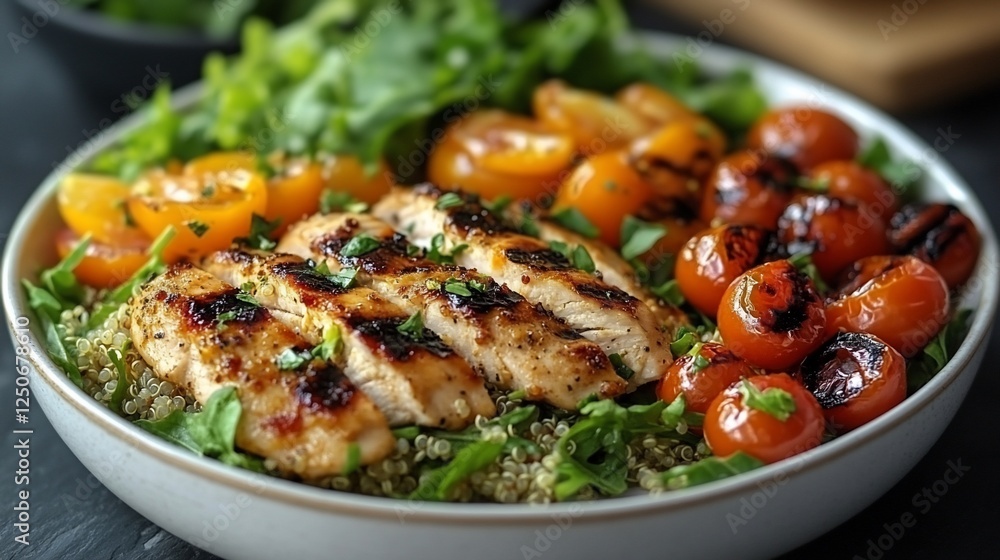 Grilled chicken and quinoa bowl with roasted cherry tomatoes and greens. Grilled chicken and quinoa bowl with roasted cherry tomatoes and greens.