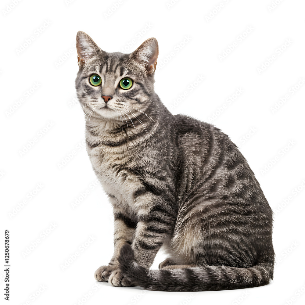 Fototapeta premium Gray Tabby Cat Sitting Isolated on White Background