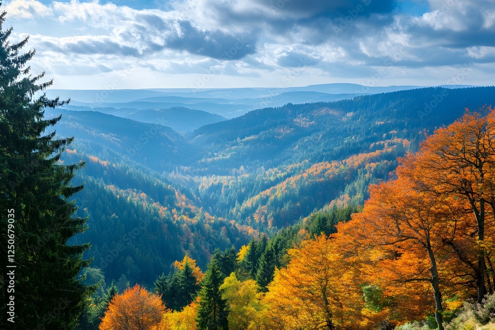 Autumnal mountain valley panorama, scenic overlook, foliage, sunlit hills, travel poster