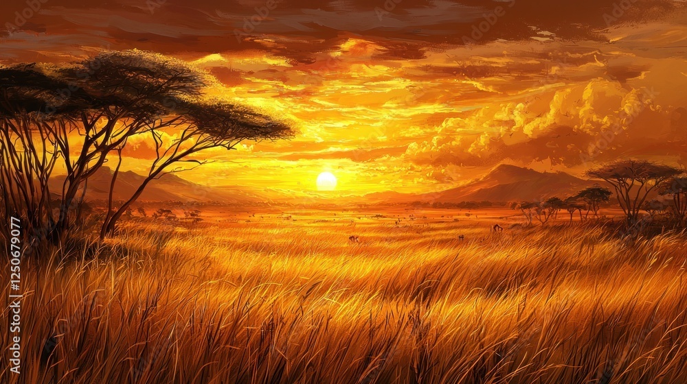 Fototapeta premium African Savannah Sunset: Golden Hour in the Serengeti