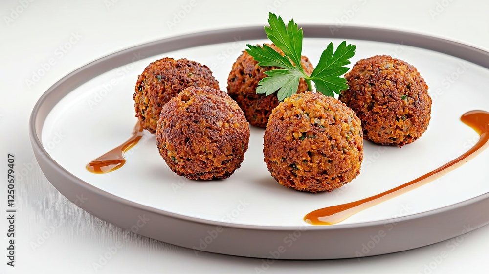 Delicious Falafel Served with Creamy Tahini Sauce, Deliciously Crispy Falafel Balls Garnished with Fresh Parsley on a Modern Plate