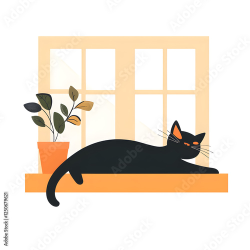 A cat stretched out on a windowsill, basking in the sun photo