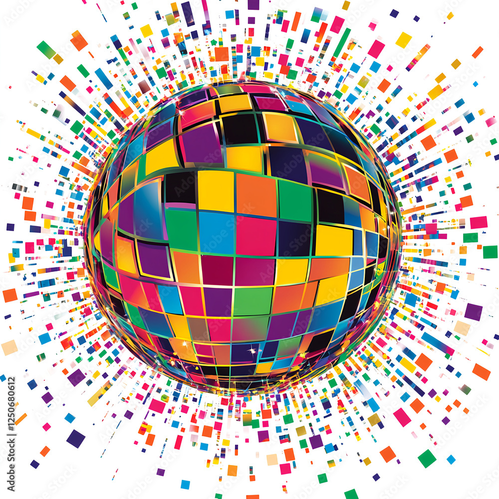 Obraz premium Disco ball with colorful squares, vector style, white background, clipart