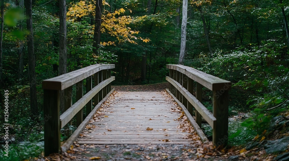 Fototapeta premium Beautiful wooden footbridge surrounded by vibrant fall foliage in a peaceful forest setting : Generative AI