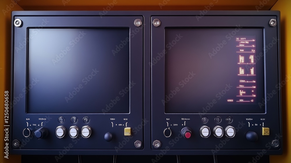 Two control panels with screens and buttons, likely for monitoring or operation.