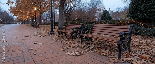 Autumn park benches covered in leaves photo