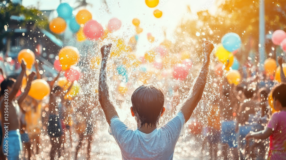 Fototapeta premium A man is surrounded by a group of people and balloons