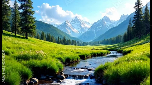 Scenic Valley With River And Snow Capped Mountain Peaks And Trees. Beautiful Green Grass Meadows