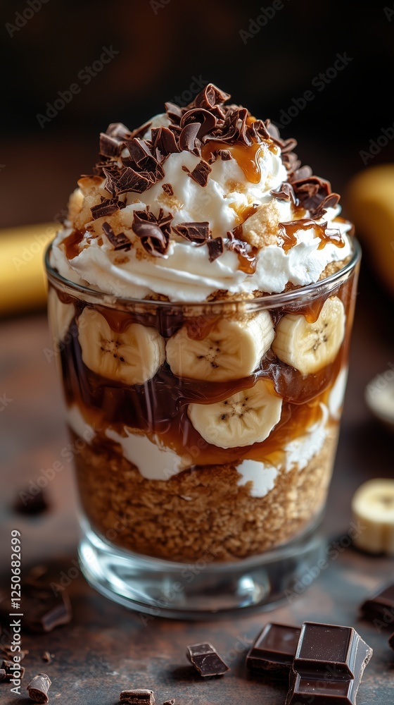 Delicious banoffee dessert layered with whipped cream, bananas, caramel, and chocolate shavings Delicious banoffee dessert layered with whipped cream, bananas, caramel, and chocolate shavings