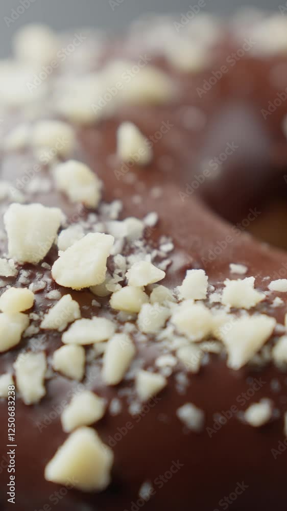 Chocolate donut with peanuts. Glazed sweet dessert. Slider dolly shot using macro lens. Delicious donut. Vertical video. Close-up in 4K, UHD Chocolate donut with peanuts. Glazed sweet dessert. Slider dolly shot using macro lens. Delicious donut. Vertical video. Close-up in 4K, UHD
