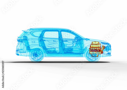 3D render image representing an xray of a car with an overheated engine