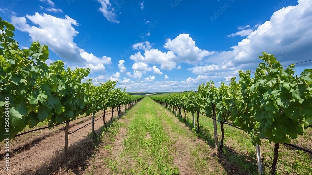 Obraz premium Beautiful Vineyard Landscape Under Clear Blue Sky with Lush Green Grapevines : Generative AI
